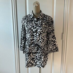 Tory Burch Black & White Logo Print Silk Collared Popover Tunic Blouse size 12